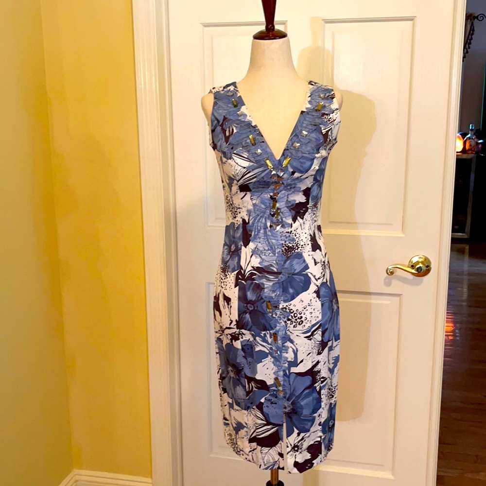 White blue floral abstract dress embellishments